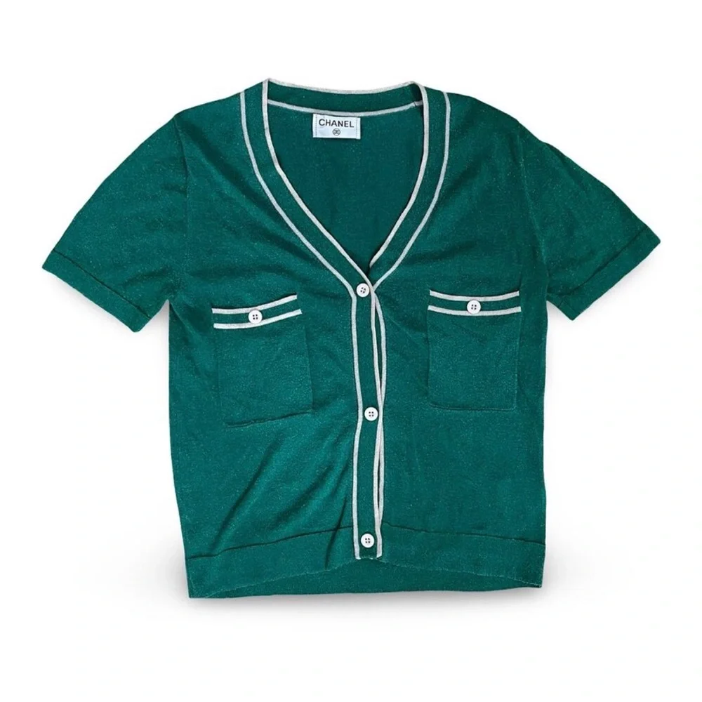 Chanel Green Top Knit Lurex Metallic Short Sleeve Classic Shirt Wool 38 US 6 90s